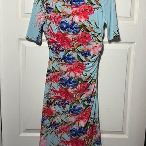 Jones New York Light Blue Floral Midi Dress with Pink & Blue Blooms